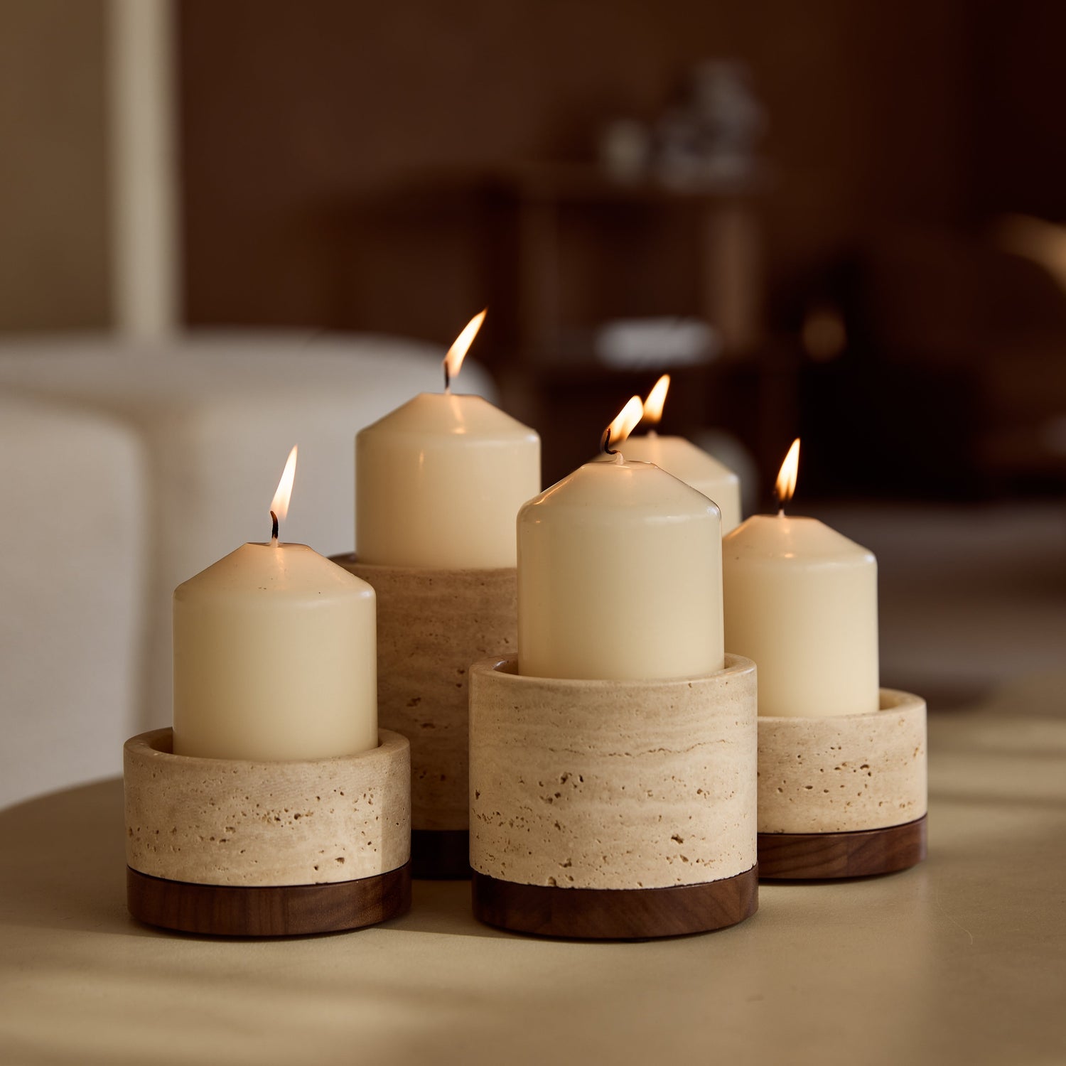 Travertine candle holder S Ø9.5x4cm including wooden plateau