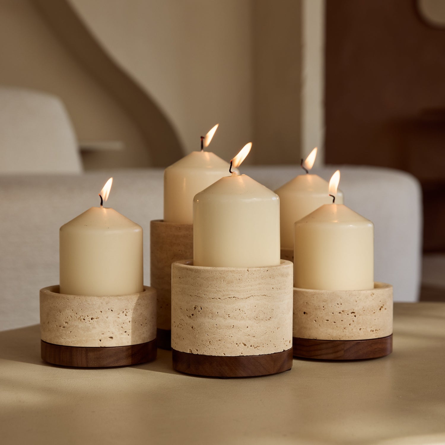 Travertine candle holder M Ø9.5x6.5cm including wooden plate