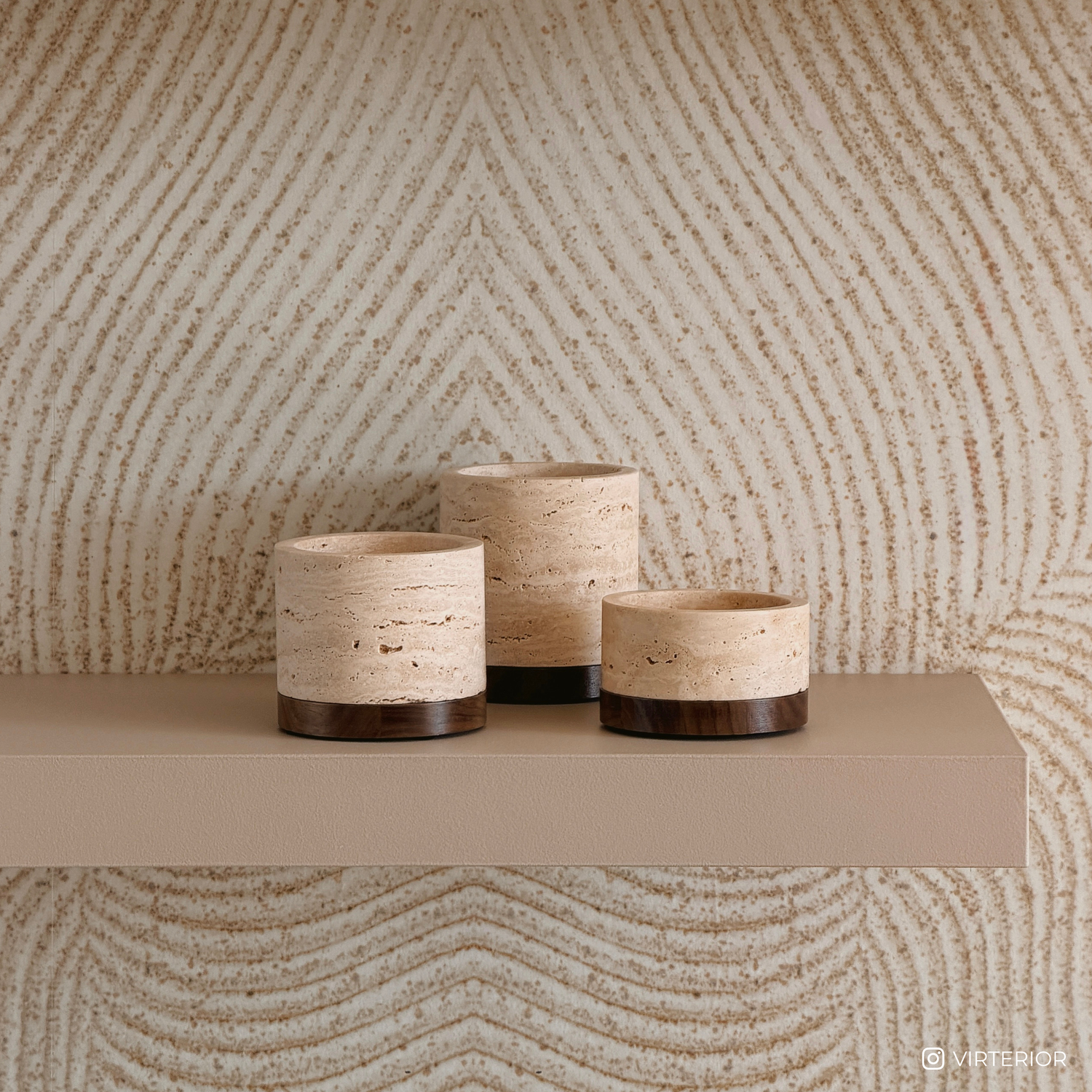 Travertine candle holder S Ø9.5x4cm including wooden plateau