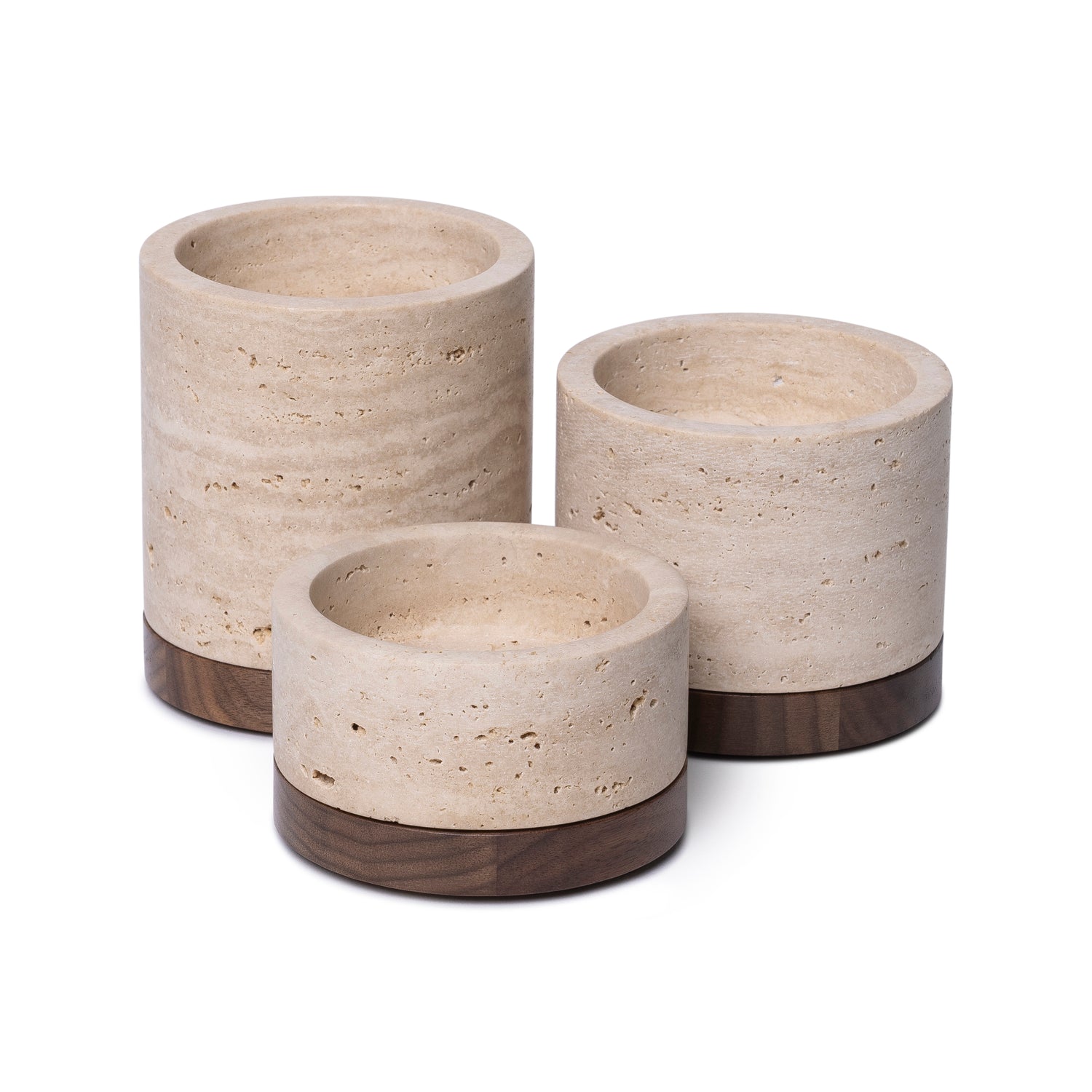 Travertine candle holder S Ø9.5x4cm including wooden plateau