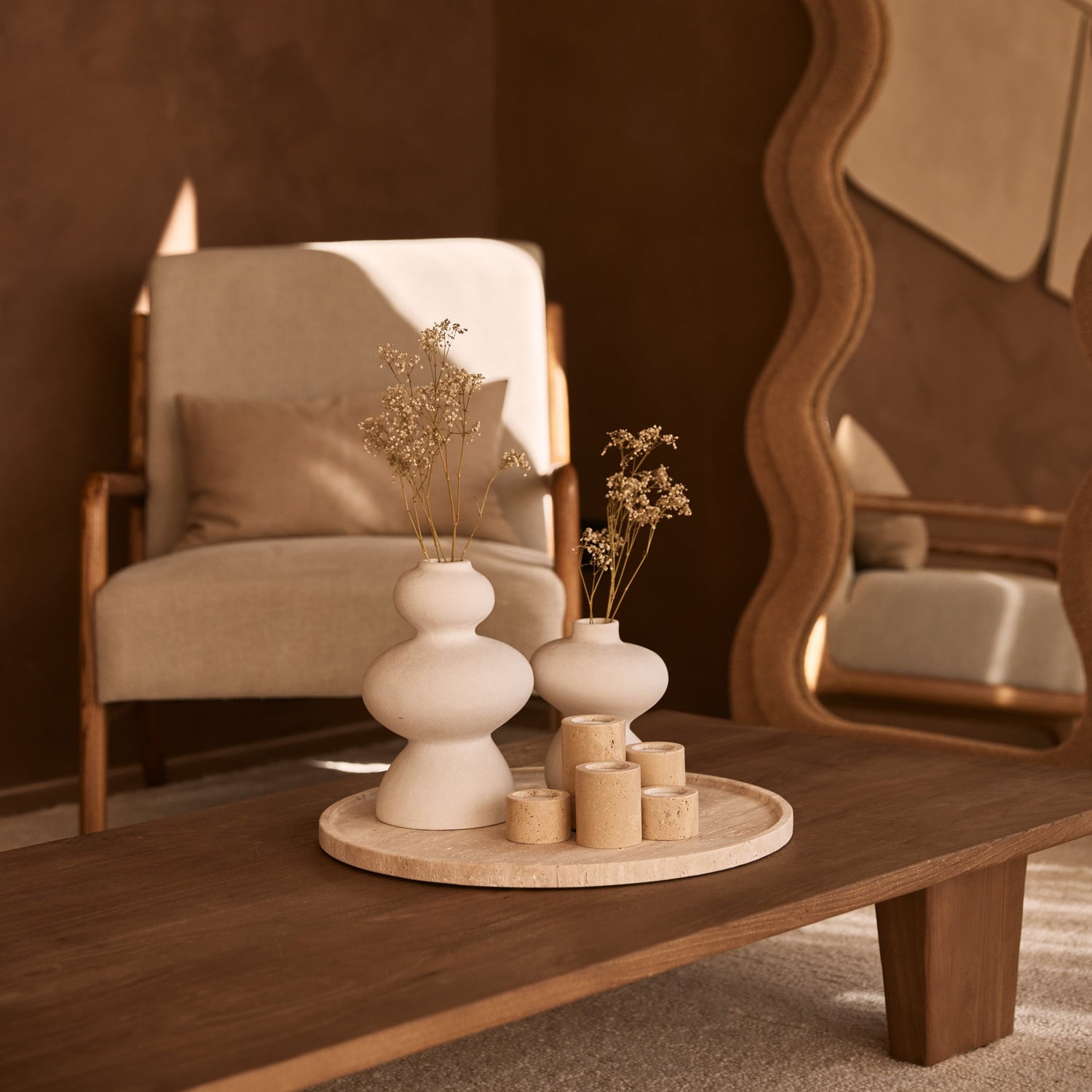 Travertine woonaccessoires dienblad waxinelichtjes MOOISA